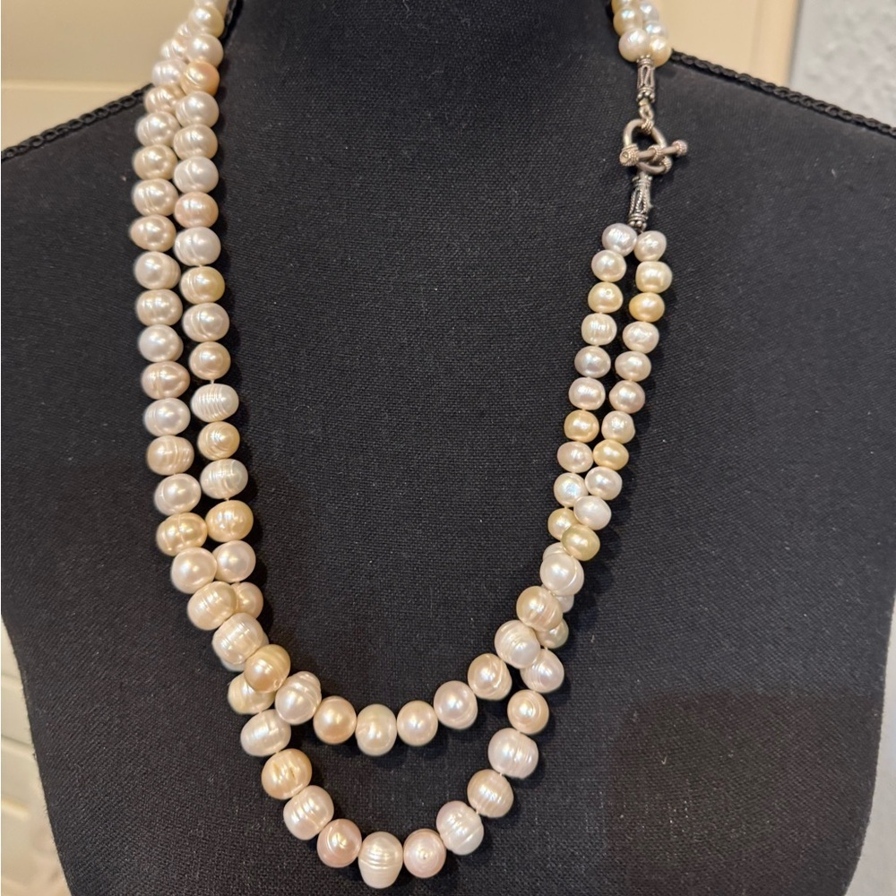 Vintage Freshwater Baroque Circle Pearl Necklace Double Strand Silver toggle 25”